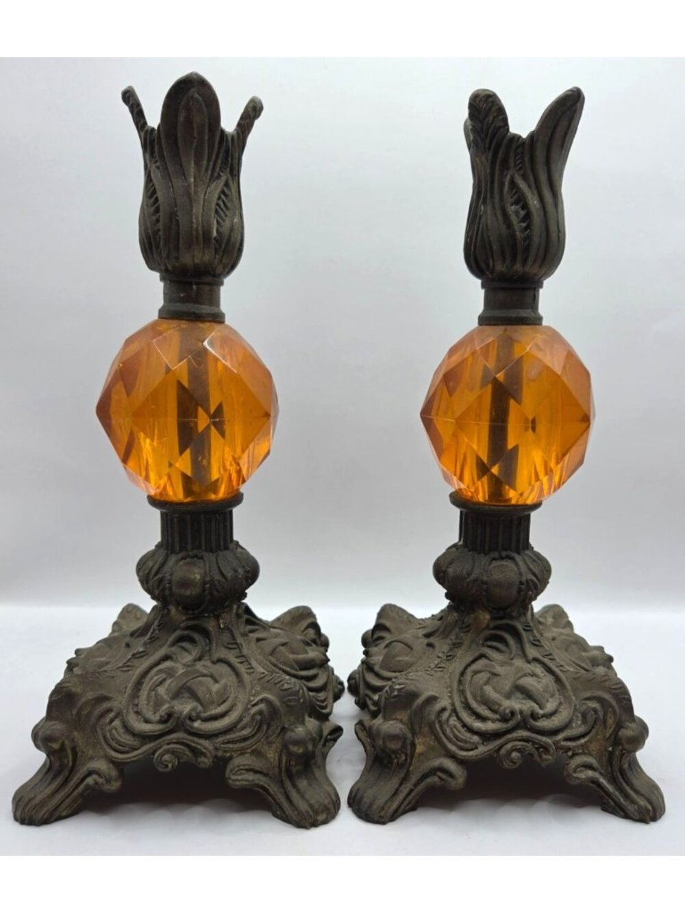 Vtg Hollywood Regency Cast Metal Amber Glass Candle Holders Pair Tulip Top 8"